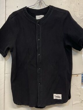 Ovadia & Sons Black Henley Baseball Button Up Shirt, size S, Cotton